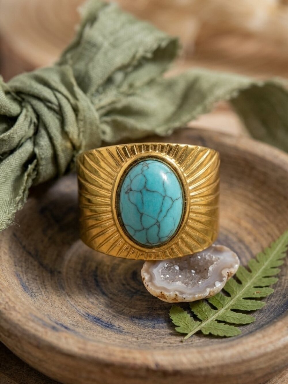 Turquoise Sunburst Wide Band Adjustable Ring 14K Gold Plated Boho Western 7-9